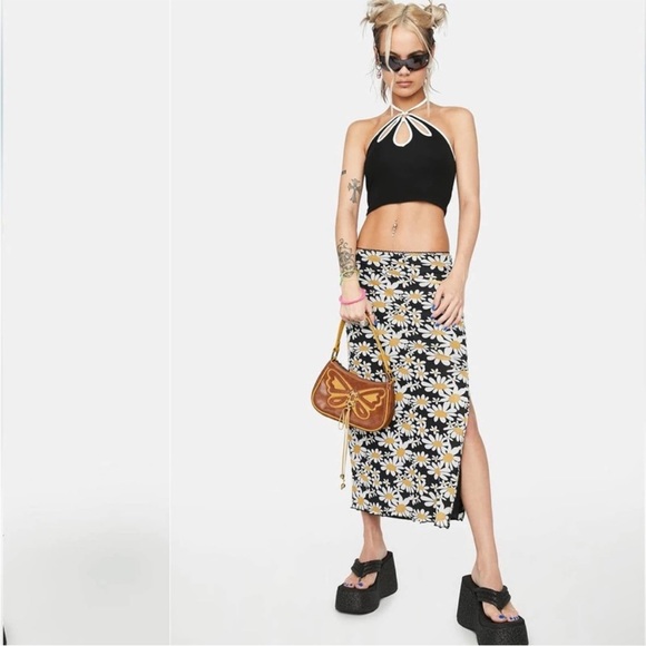 Pretty Garbage Mesh Ditsy Floral Daisy Midi Skirt Side Slit Size Medium - Picture 12 of 12